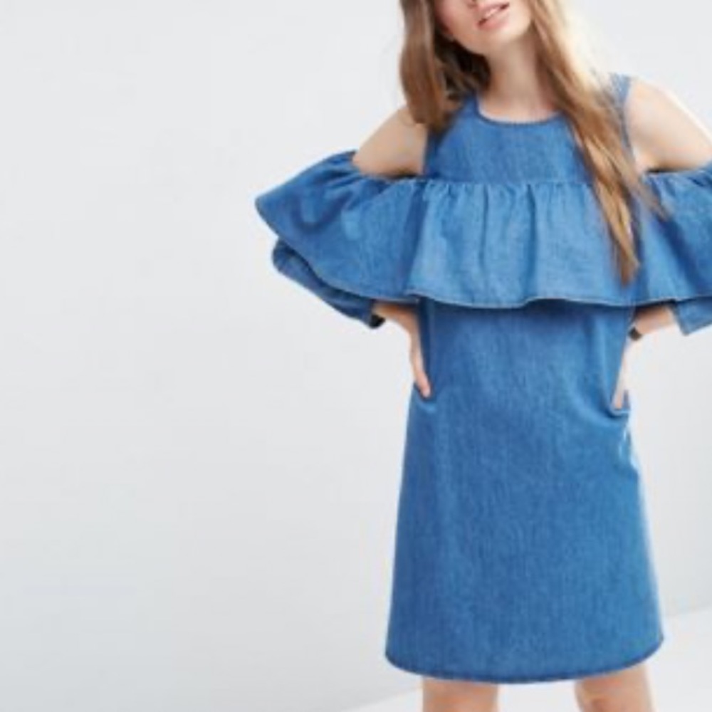 ❤️... ASOS Blue Denim Ruffle Cold Shoulder Dress